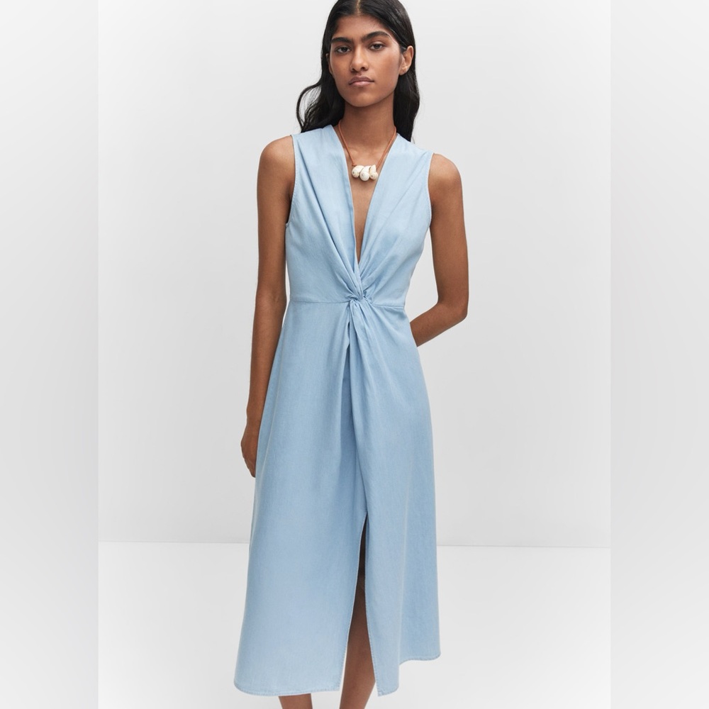 MANGO chambray midi dress plunge neckline
